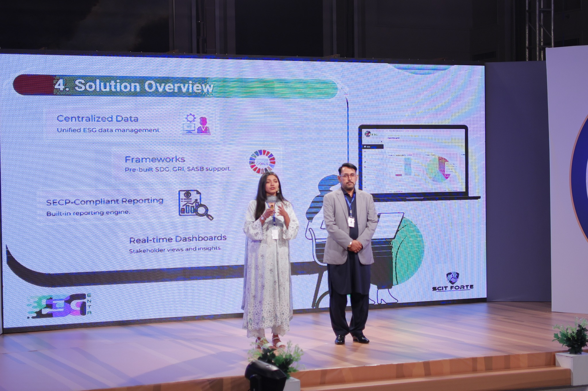 Startup founders presenting their solution on stage